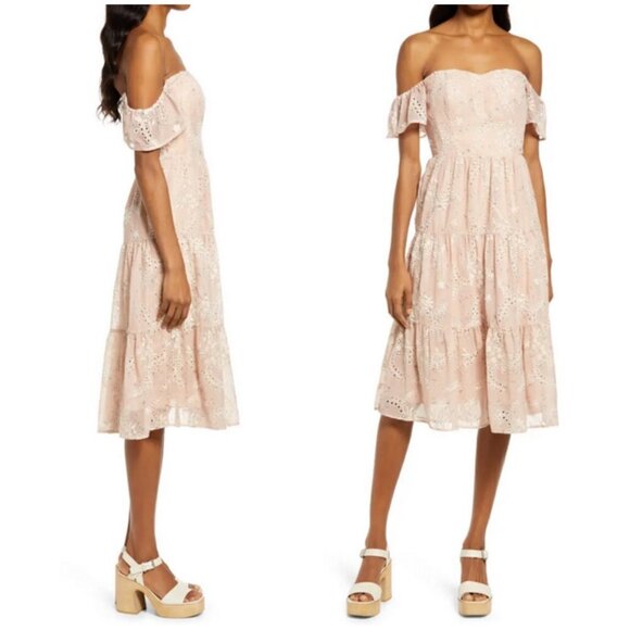 💕DRESS THE POPULATION💕 River Off the Shoulder Tiered Hem Dress ~ Blush XS NWT - Picture 2 of 15
